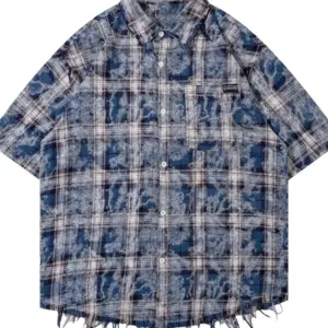 Men's Coastal Blue Raw-Hem Plaid Shirt