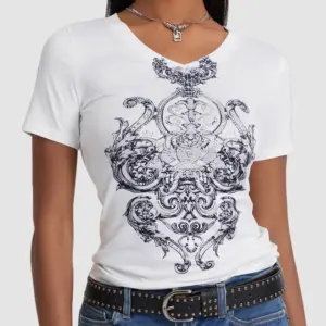 Women's White Graphic V-Neck Tee